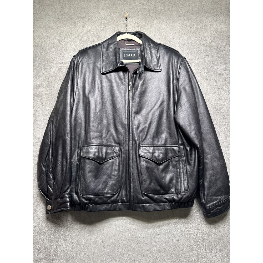 Izod Black Leather Jacket Men's Large Classic Bomber Moto Core Style